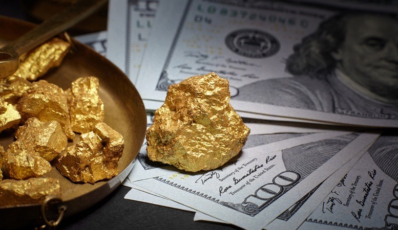 gold nuggets with one hundred us dollar bills on its side