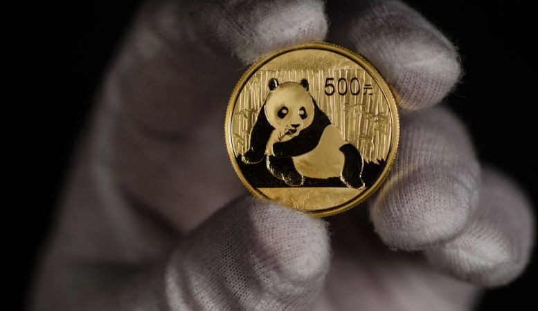 hand holding one ounce chinese panda gold coin