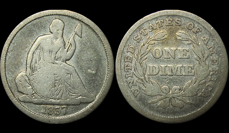 1837 seated liberty dime on black background
