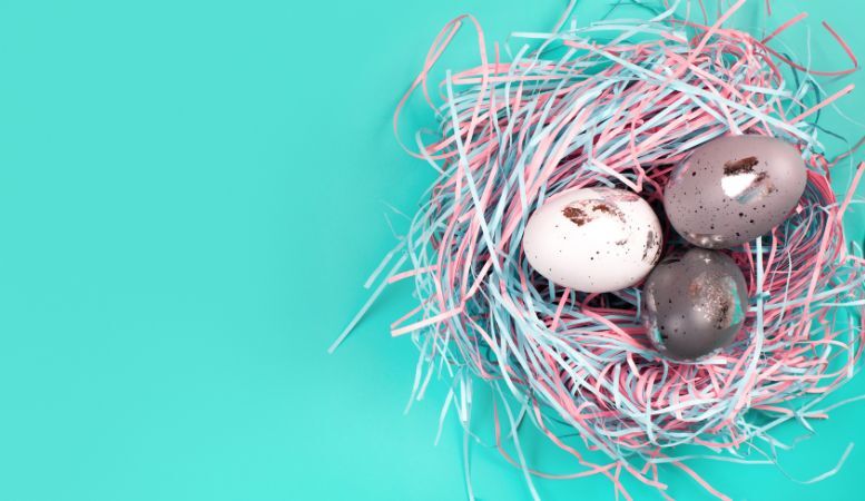decorative bird nest with white and silver eggs
