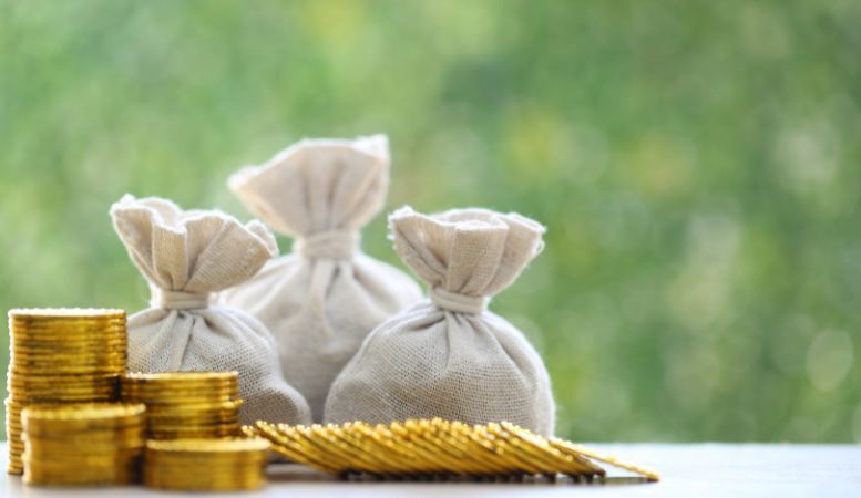 stack of gold coins in front of bag with coins