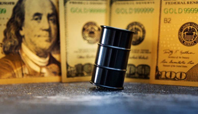 oil barrel on us dollar bill background